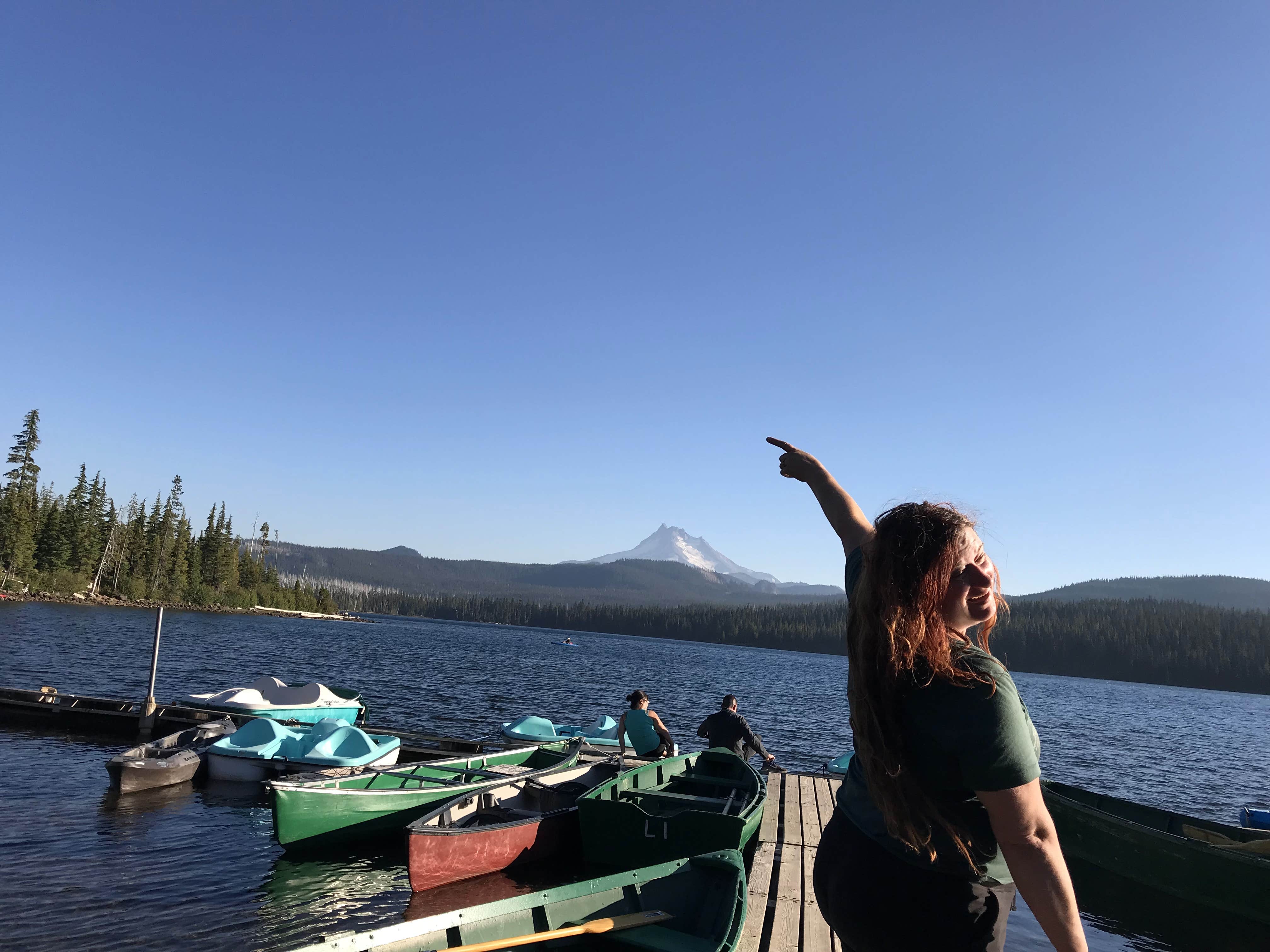 Lake, boats, dock, Mount Hood