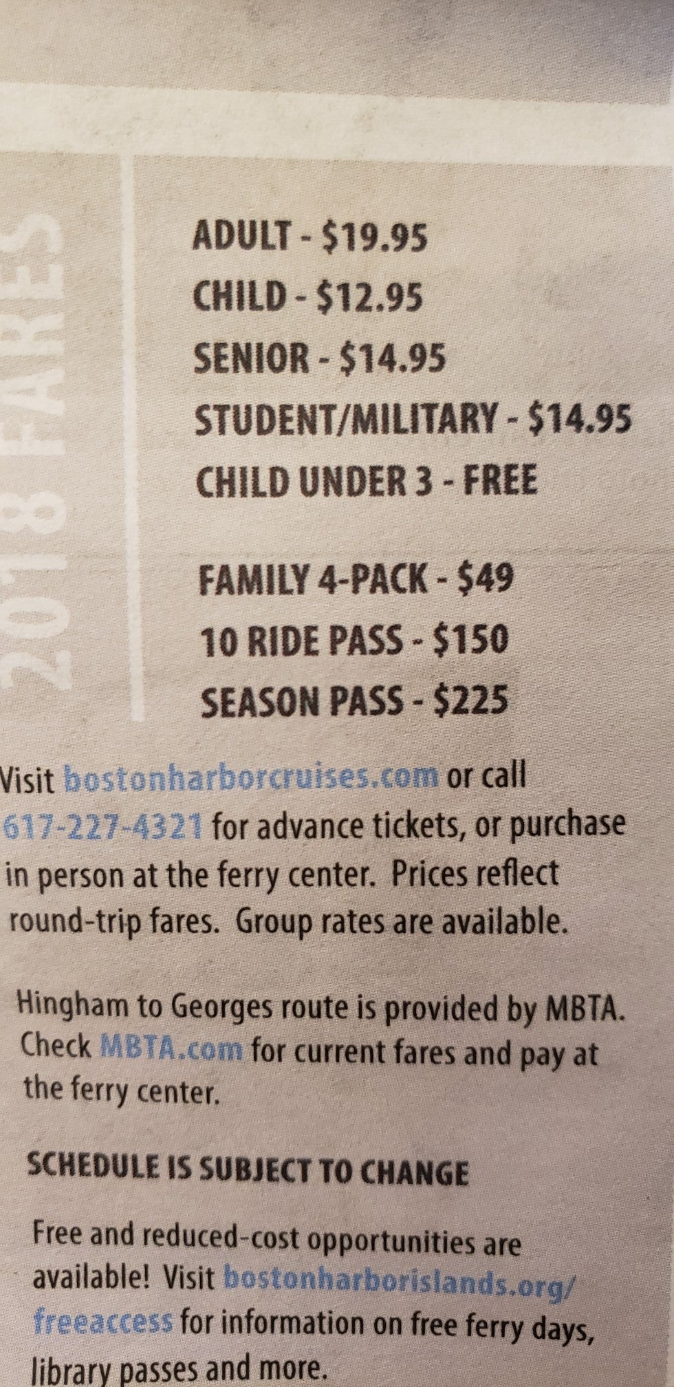 2019 ferry fares