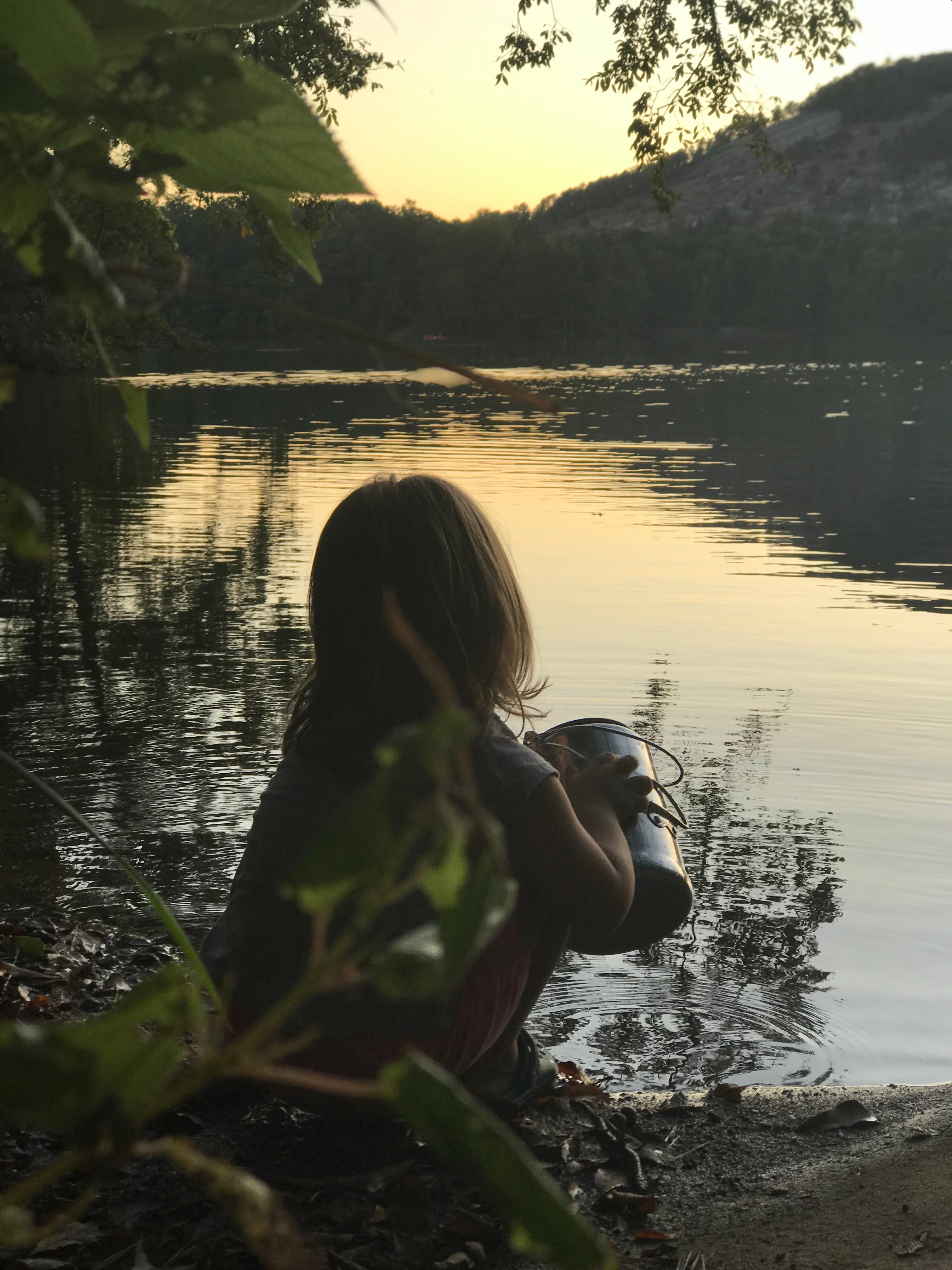 I caught my daughter catching minnows with my coffee tin. Brought me back to my childhood. This site was great for coming down by the water (389)