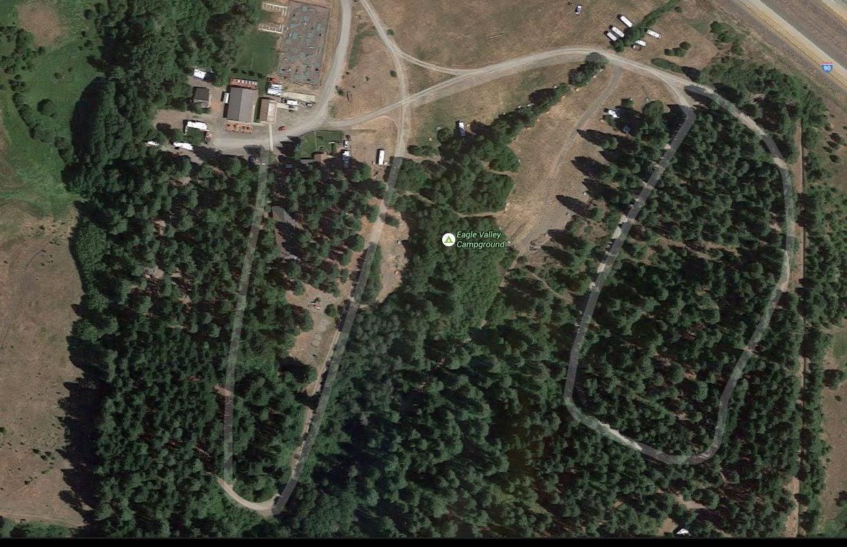 Aerial photo of two campsite loops and family camp area in the middle