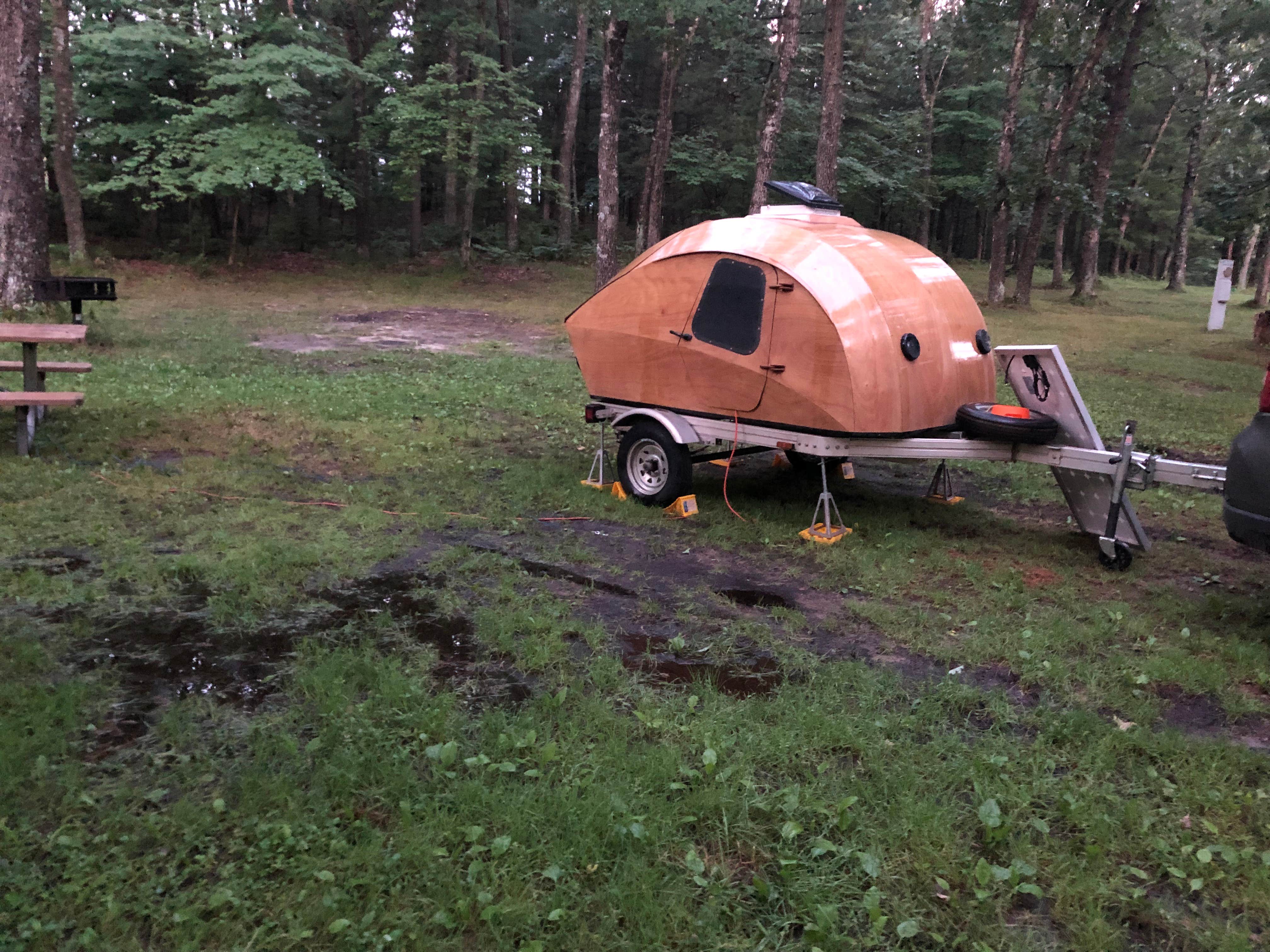 After a night of rain we woke to being surrounded by mud and water. Mosquitos came out and encouraged us to leave as quick as we could. Other sites didn't have puddles and mud.