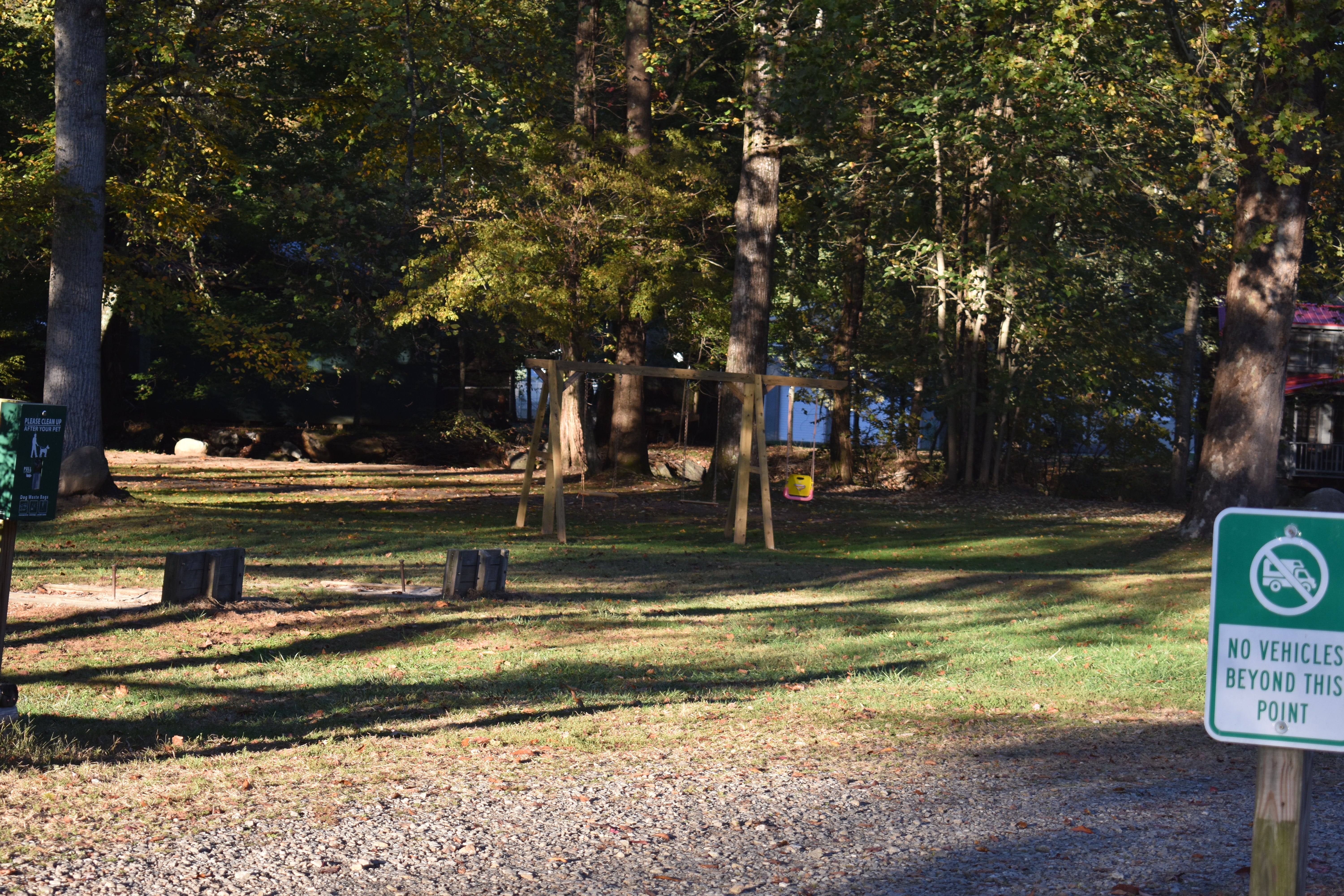 Another area of this RV resort allows dog walking, and there are some swings for children.