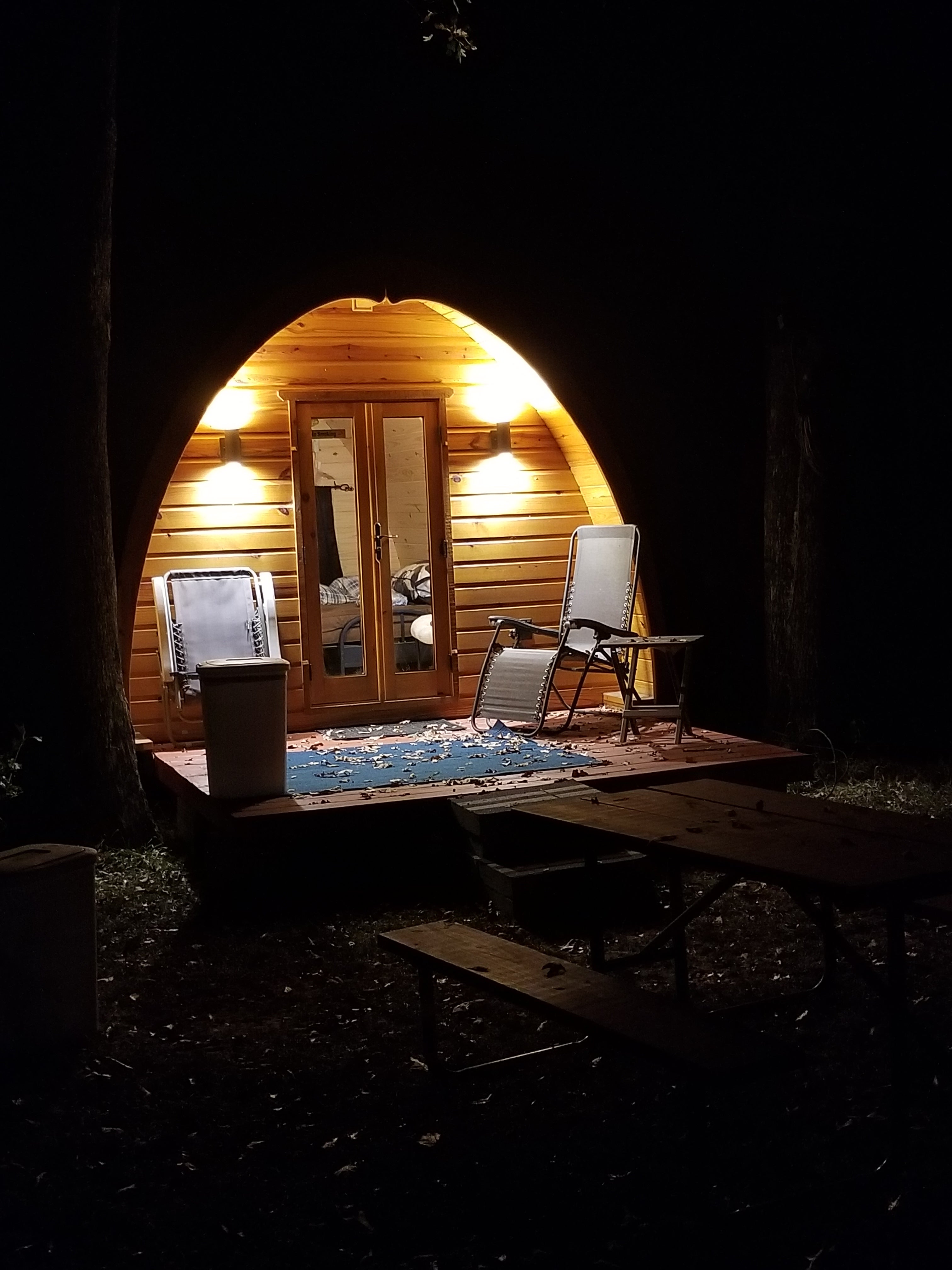 View of the Glamping Pod at night