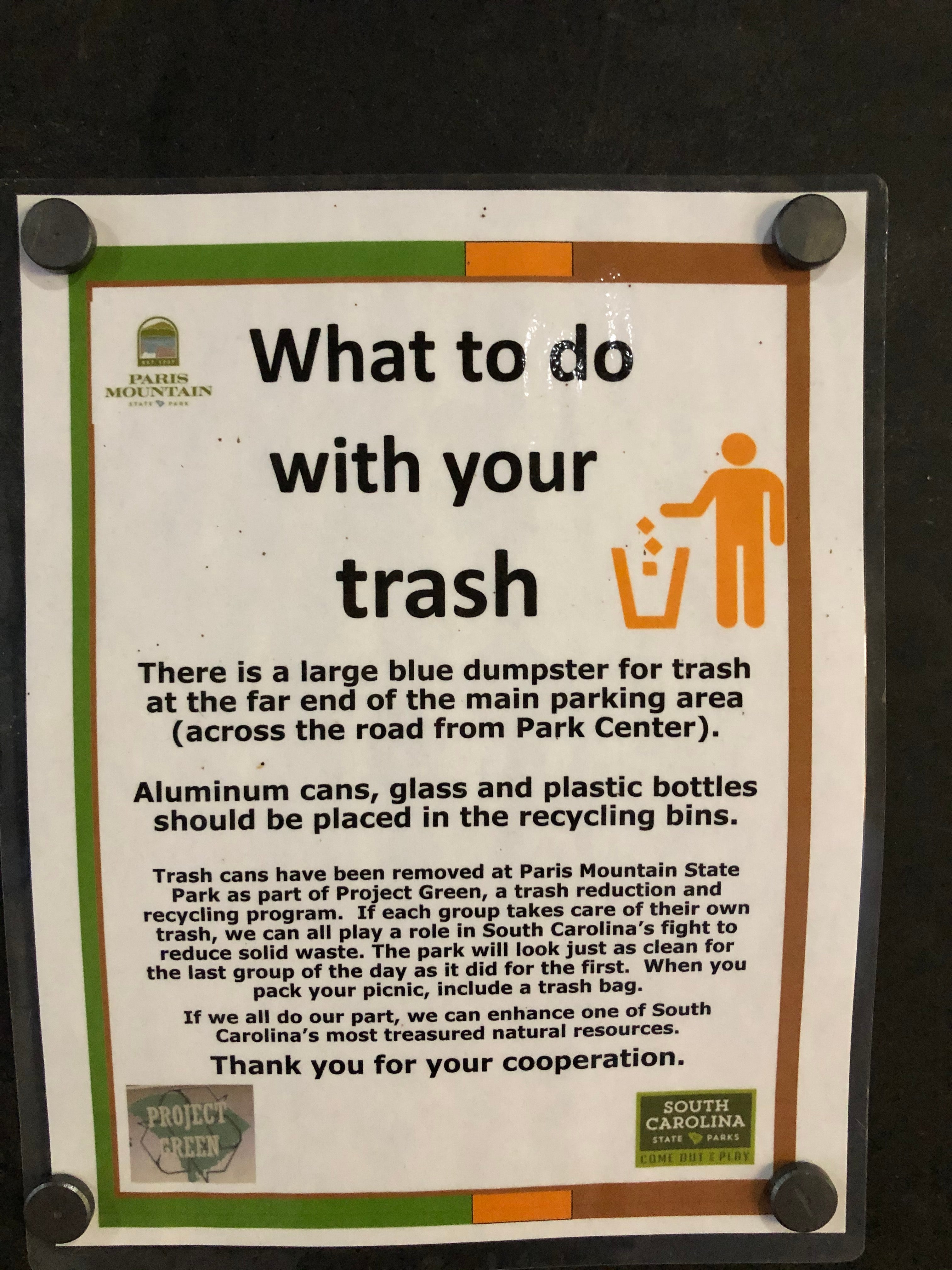 While this is a nice thought, it was a LONG distance to the only dumpster in the park and you are asked to bring your trash to it daily