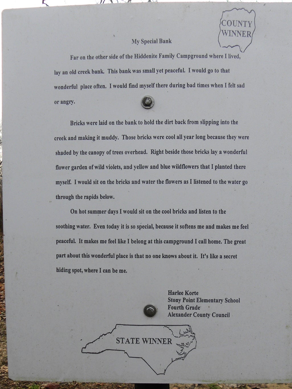 A fourth grader won an essay contest when she wrote about the campground.
