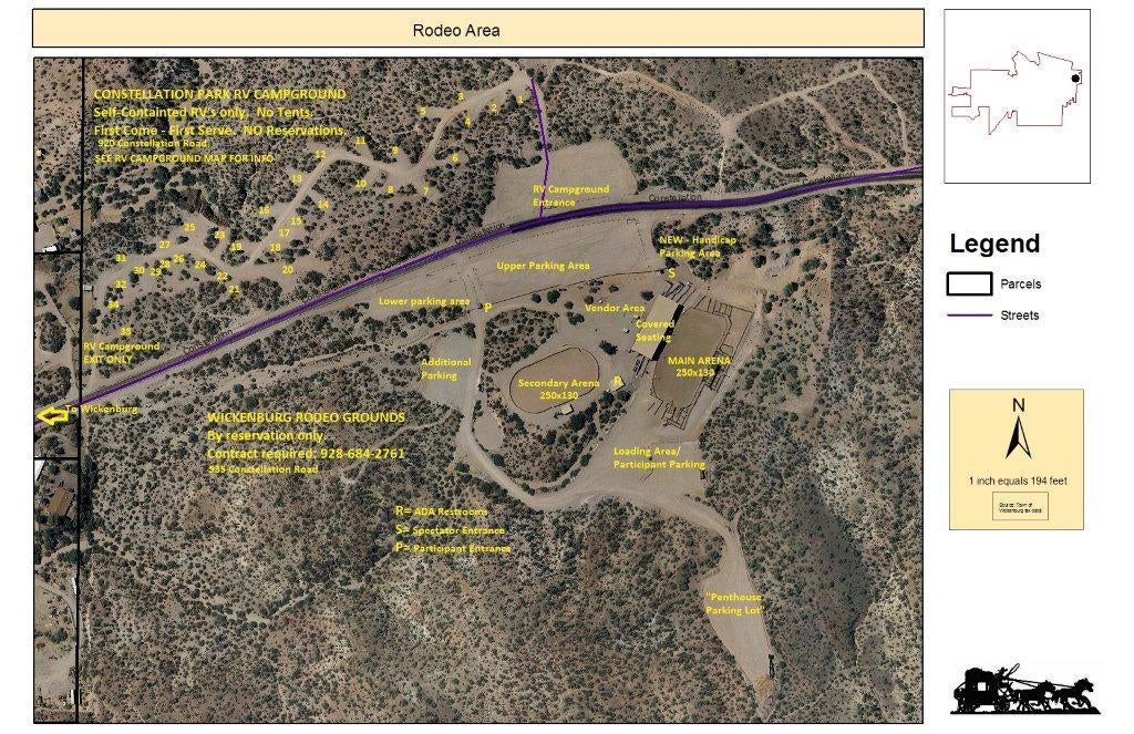 Campsites (35) and rodeo grounds map on both sides of Constellation Road in Wickenburg 