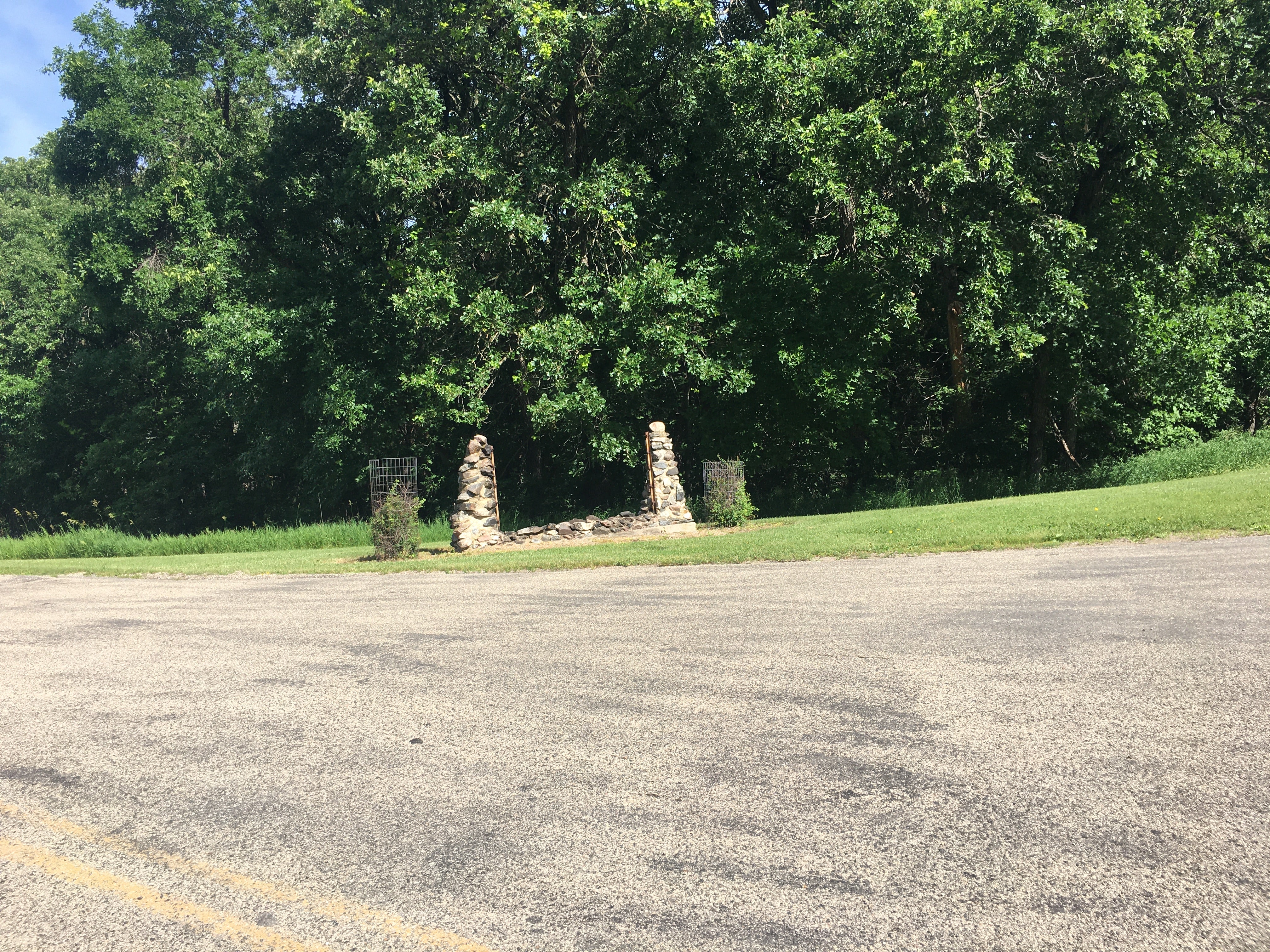 Park entrance sign was recently burned so look for these remaining pillars to mark to entrance
