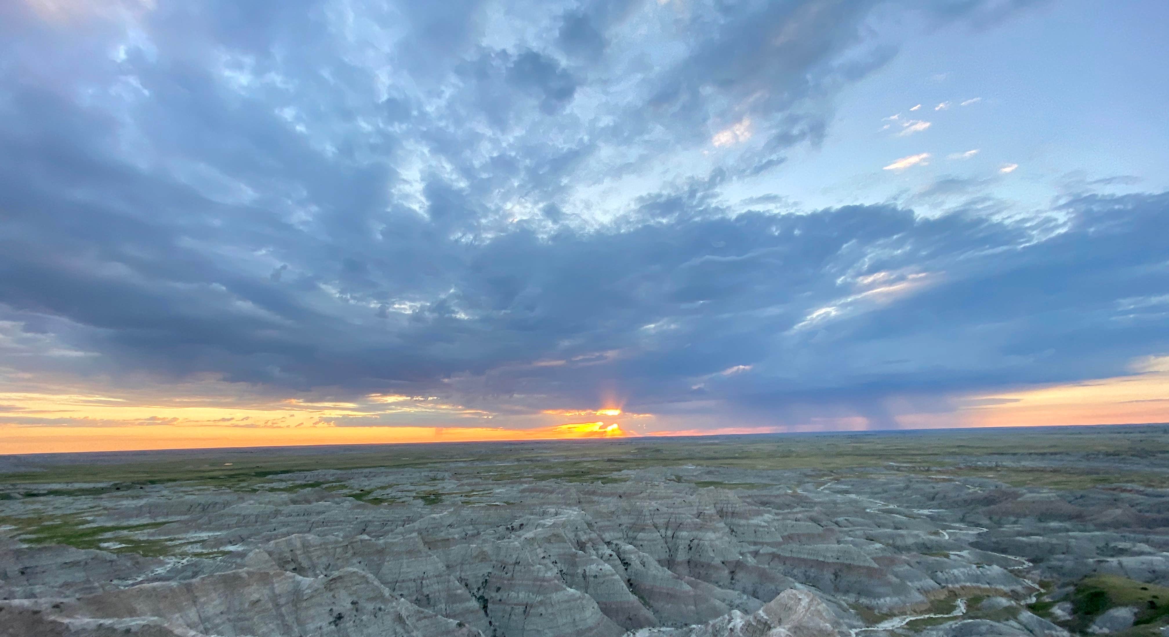 Panoramic view of colorful sky from Buffalo Gap Dispersed Camping in Badlands National Park