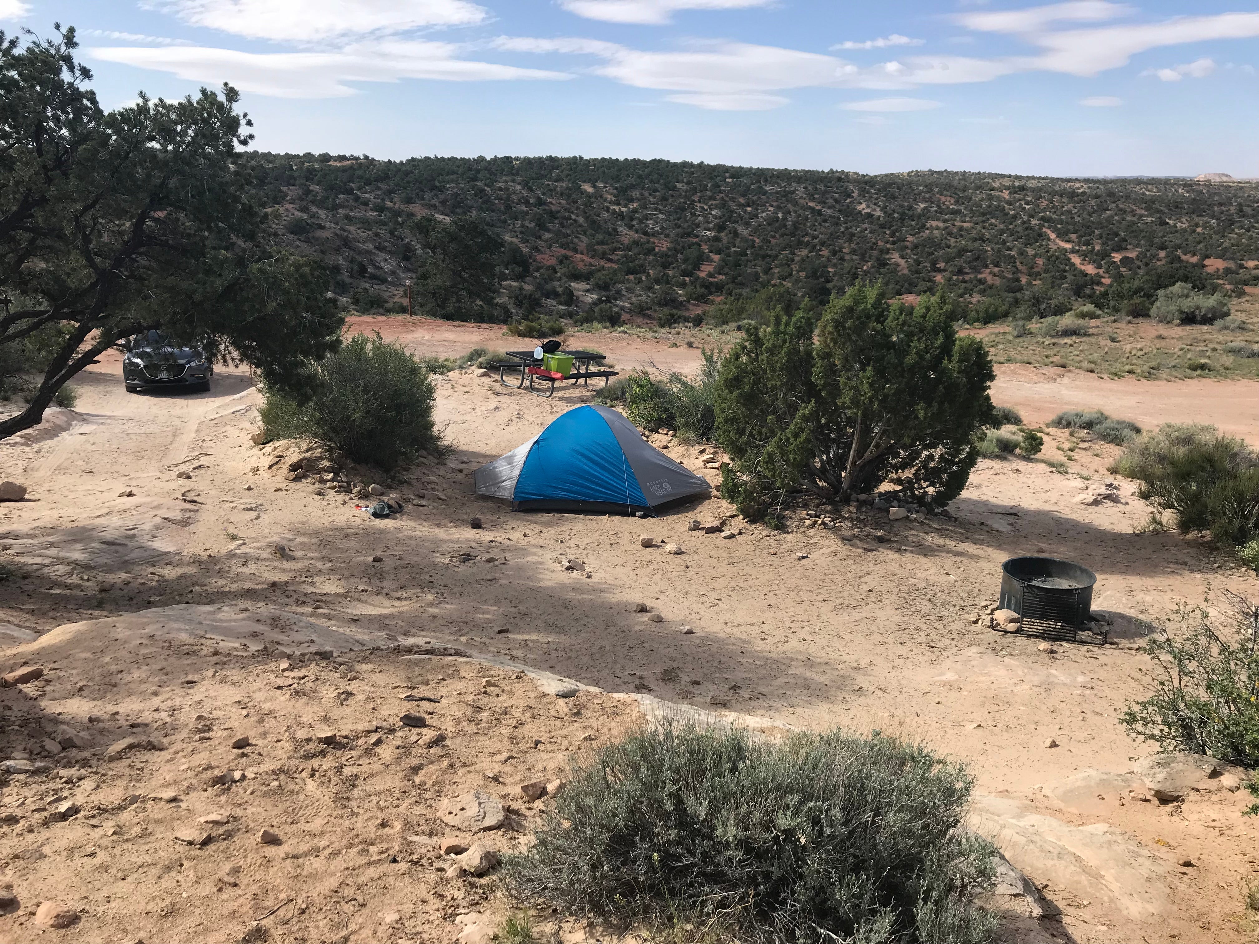 There was a large rock outcropping behind the site so this photo is taken from those rocks to include all the amenities--fire pit, table, tent site, parking spot.