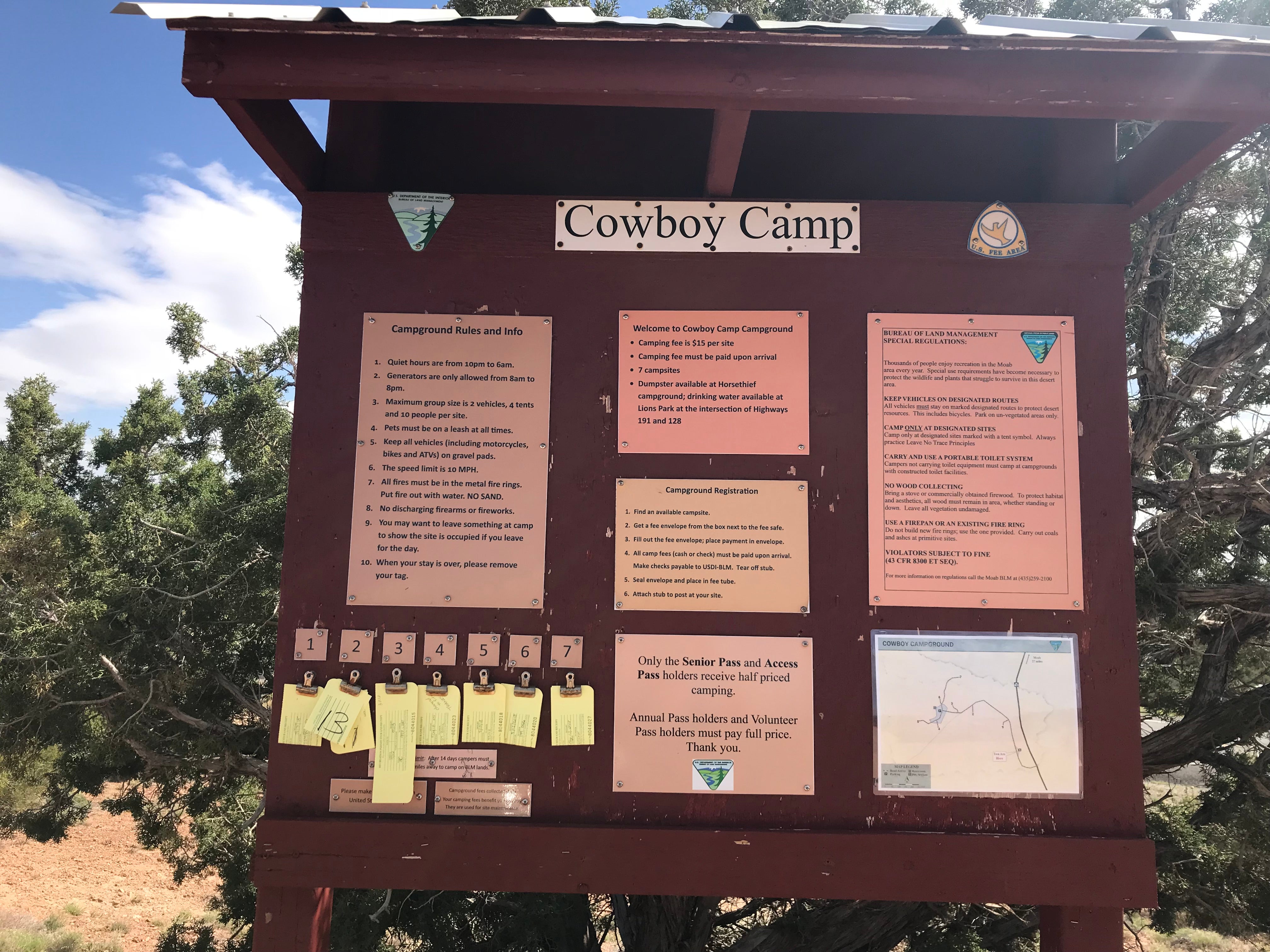 Cowboy Camp pay station.  I liked the pay stubs in yellow being visible here so you can easily see what is available and what is not without driving around the campground.
