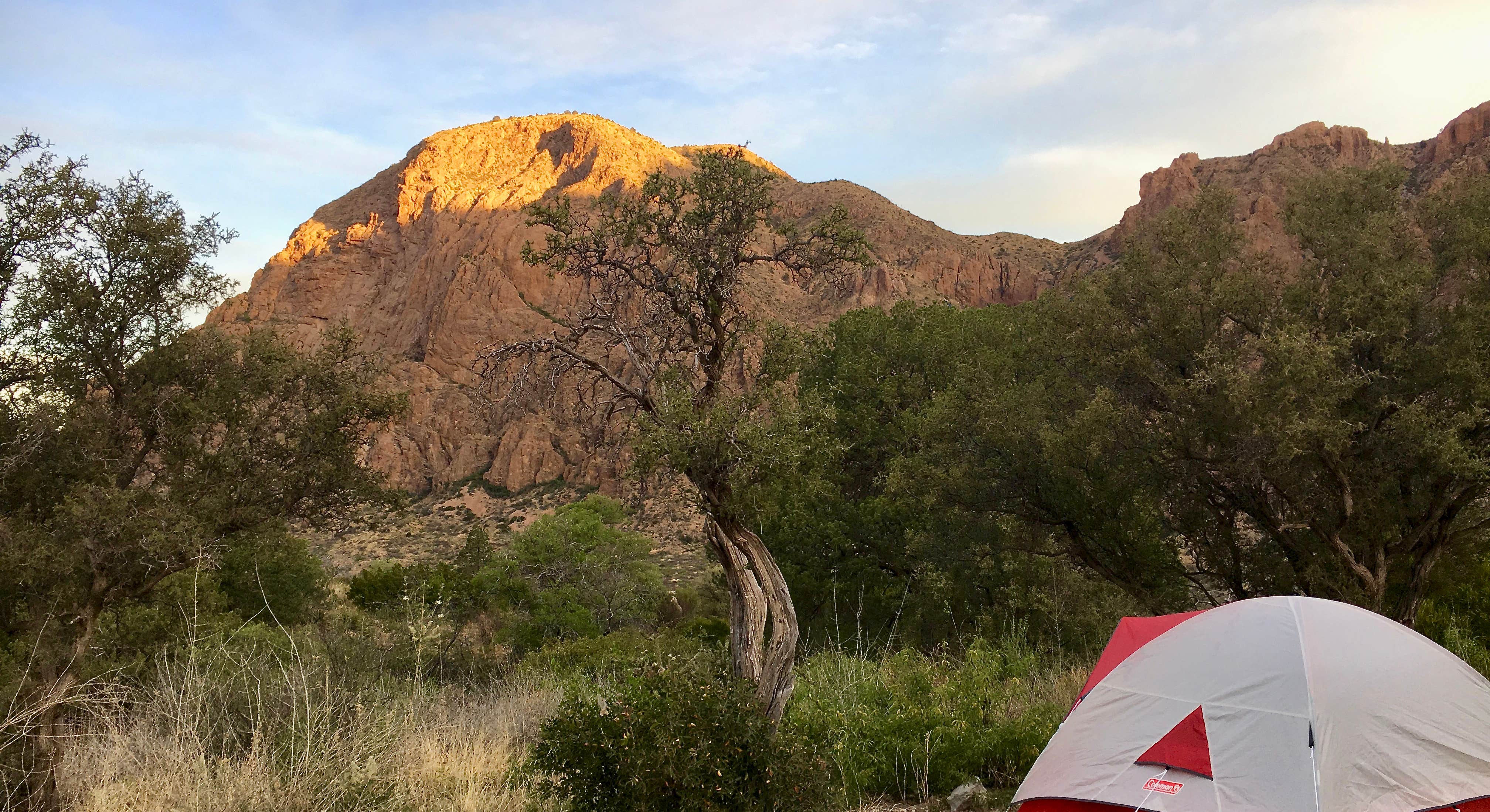 Sunrise view with tent in background near Chisos Basin Campground (Big Bend, Tx), Big Bend National Park