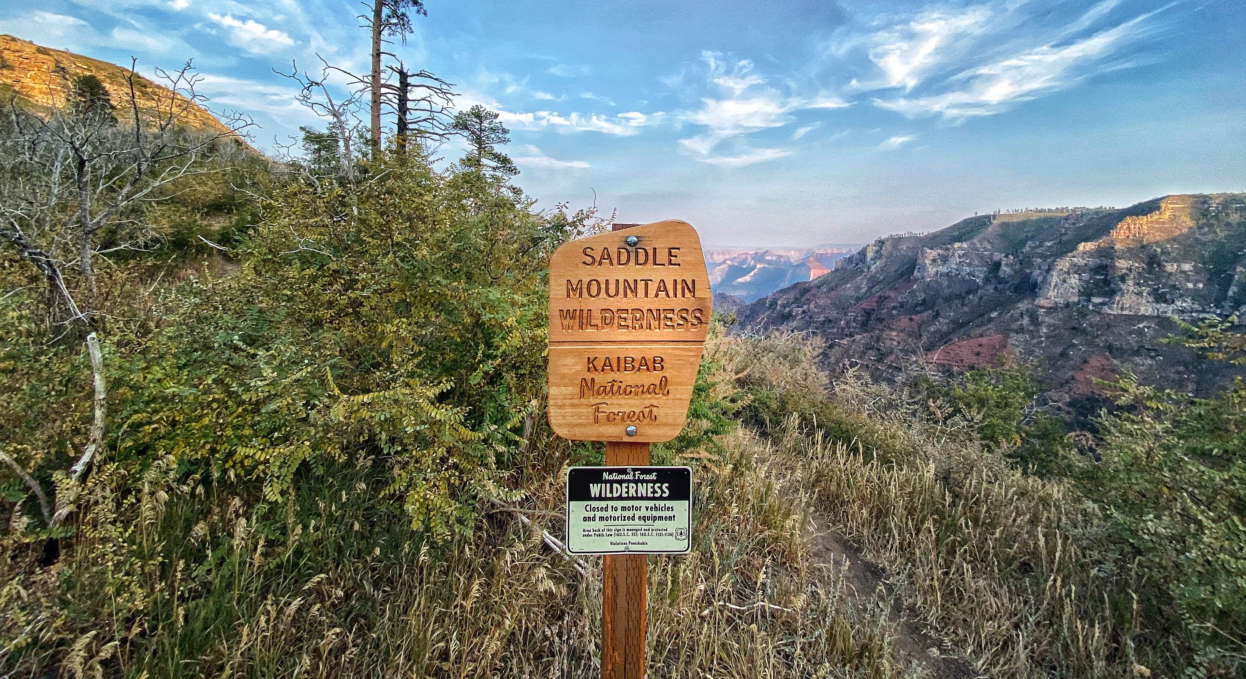 Saddle Mountain Kaibab NF Sign Post and View of the Grand Canyon
