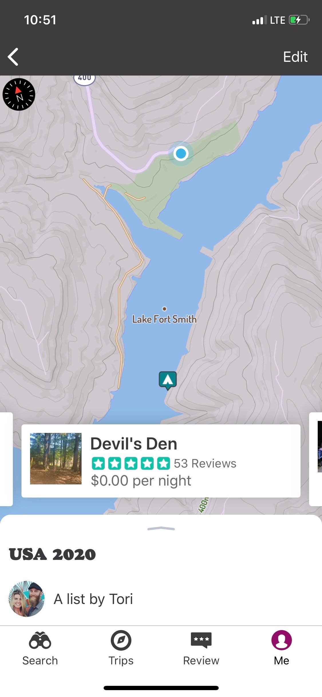 The campground symbol is where the Dyrt app brought my friends and I. The dot is where the campground is actually located!! It was a little scary at 10:30pm with no streetlights and stray dogs running after us 😆