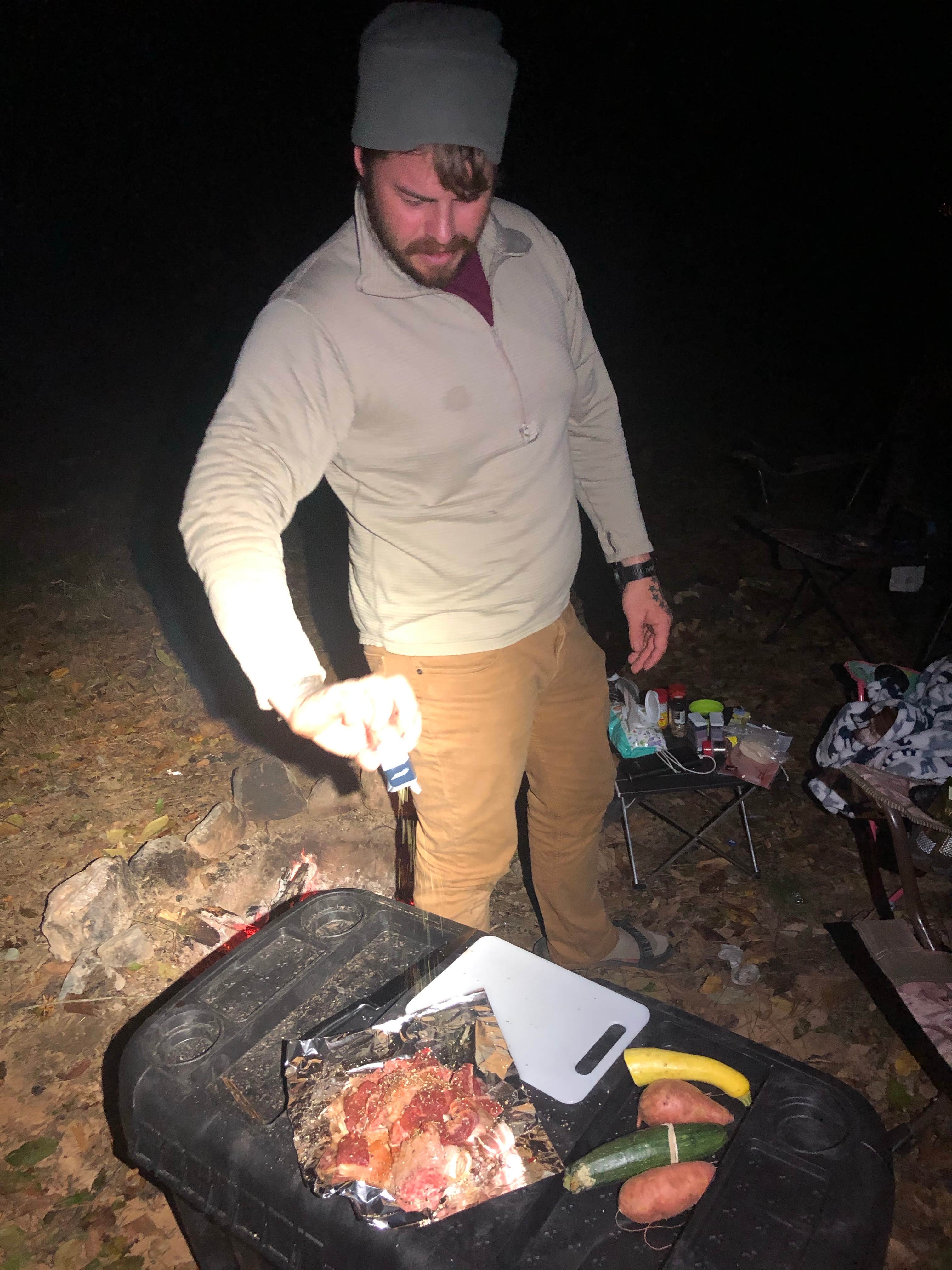 Dinner for the carnivore in primitive campsite
