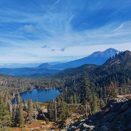 the view of Castle Lake from Hear Lake, with Mt Shasta in the background.