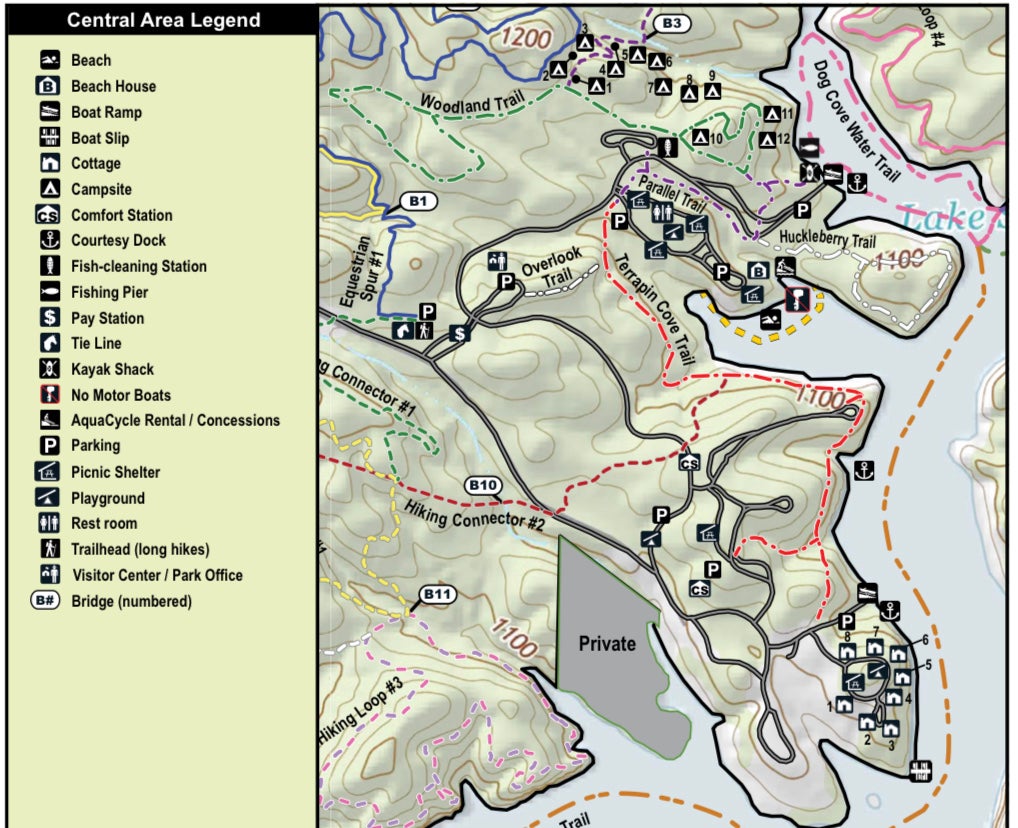 Trail map- lots of nice trails, nearly all are forest floor. Some are shared equestrian paths, one path ADA accessible and bicycle friendly.