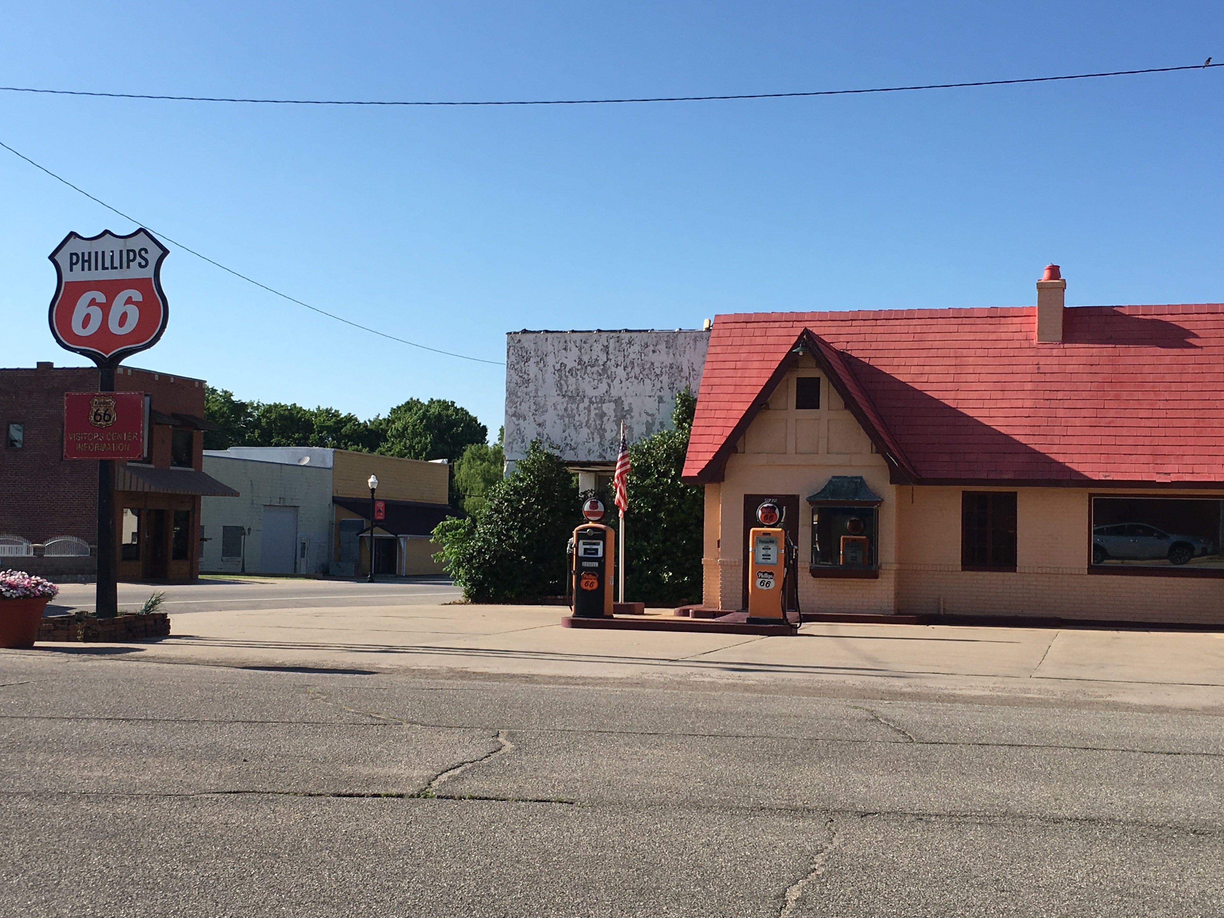 A restored gas station is the visitors center in town. 