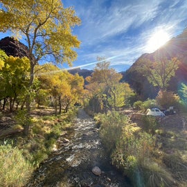 View of Bright Angel Campground from a bridge over Bright Angel Creek in December.