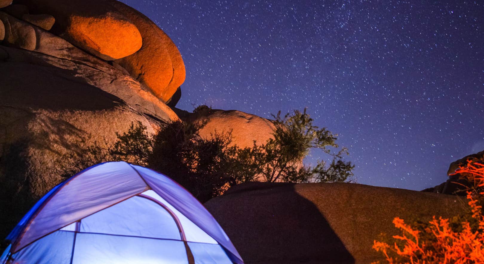 Tent Camping Night Stars View at Jumbo Rocks Campground Joshua Tree National Park