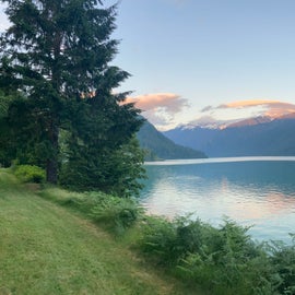 View of Shuksan at sunset from the picnic area above the lake.
