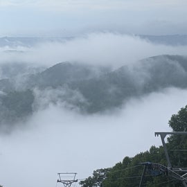 Pipestem tram after a big storm where fog covered the mtn tops.