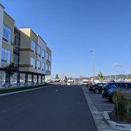 Hotel at entrance to marina and RV parking