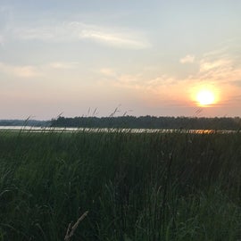 Sunset over one of the lake views down a little trail on the West side of Bear Paw camp.  Fires in Canada made the air super hazy in July 2021.