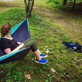 Taking a break from hiking in my OOFOS OOmg shoes in my Little River Co. hammock