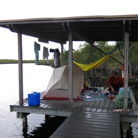 It was a little wet, so we hung our paddle gear from the rafters. Perfect size for a 2 person tent and a hammock.
