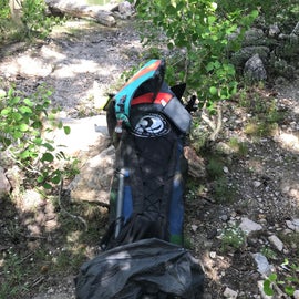 The pack I hauled up the trail.  Inflatable paddle board and ultra light hammock camping gear.