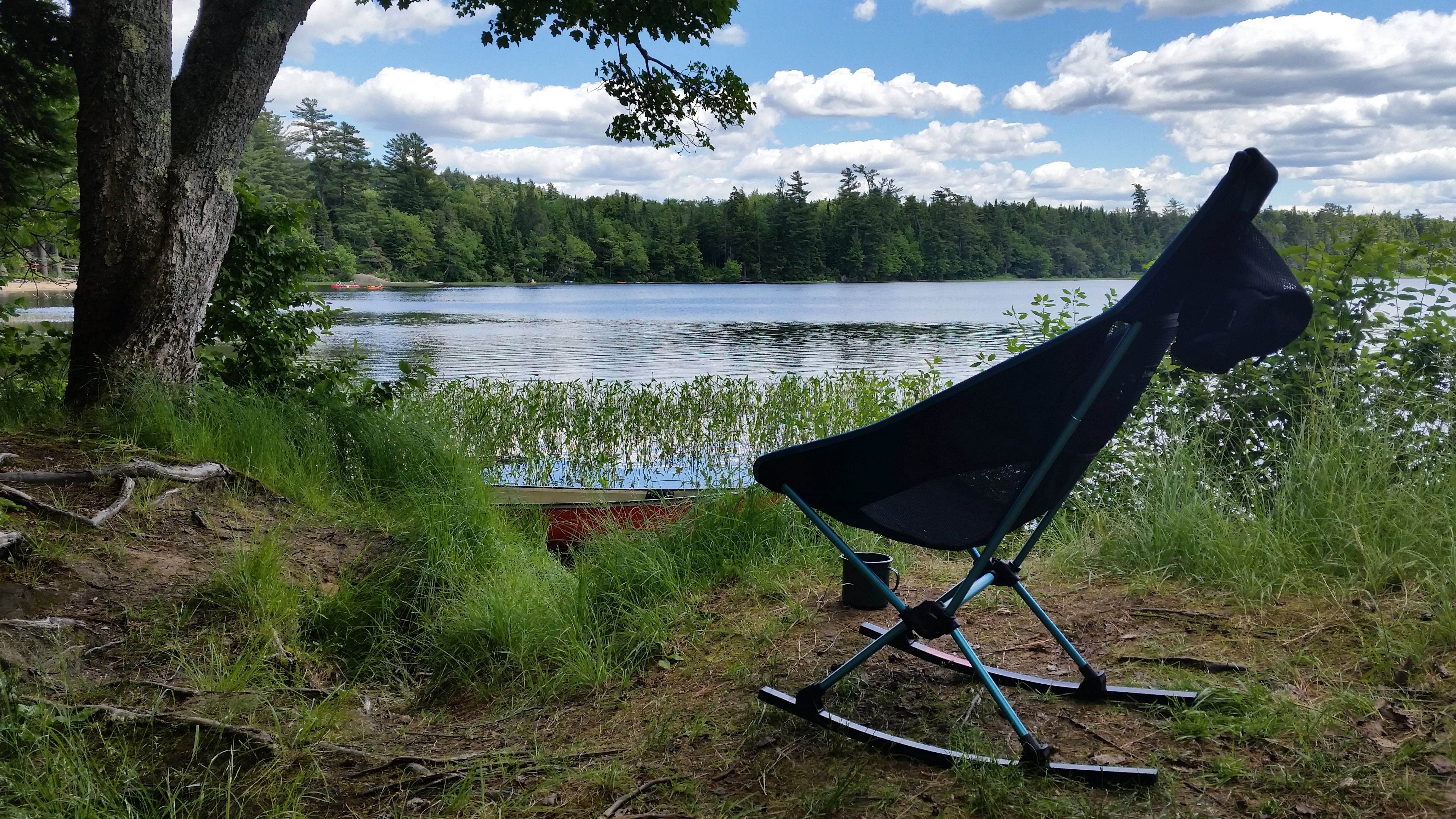Site #43 and our rented canoe. Beach area in left distance.