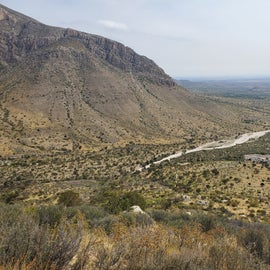 View of the campground (parking lot on the right) from further up on the Guadalupe Peak trail