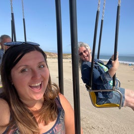 On the swing ride with my Aunt at the Boardwalk in santa Cruz 15 min. away from our campsite.