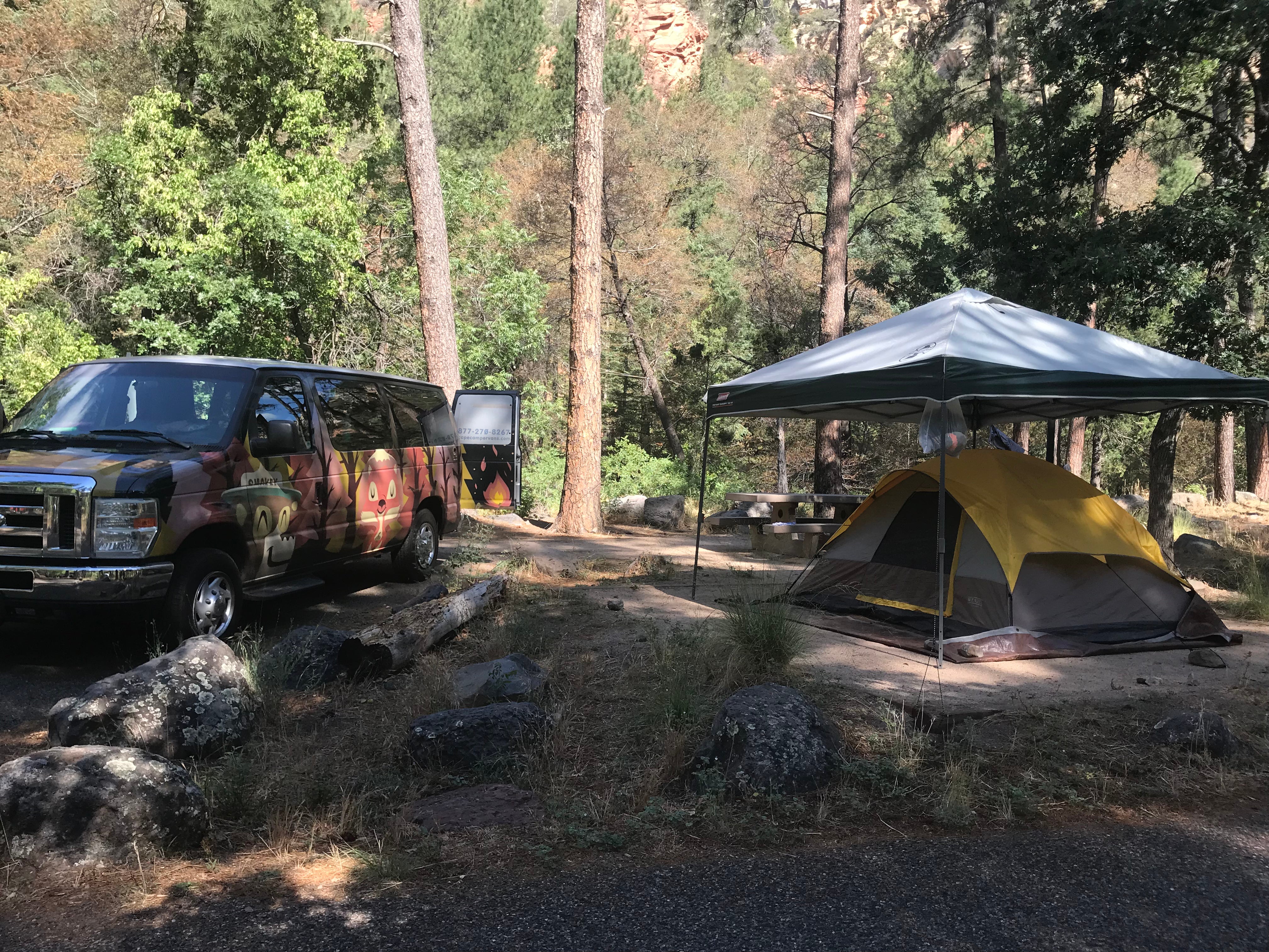 Big parking area with a single tent spot. Picnic table, bbq, and fire pit in each site. 