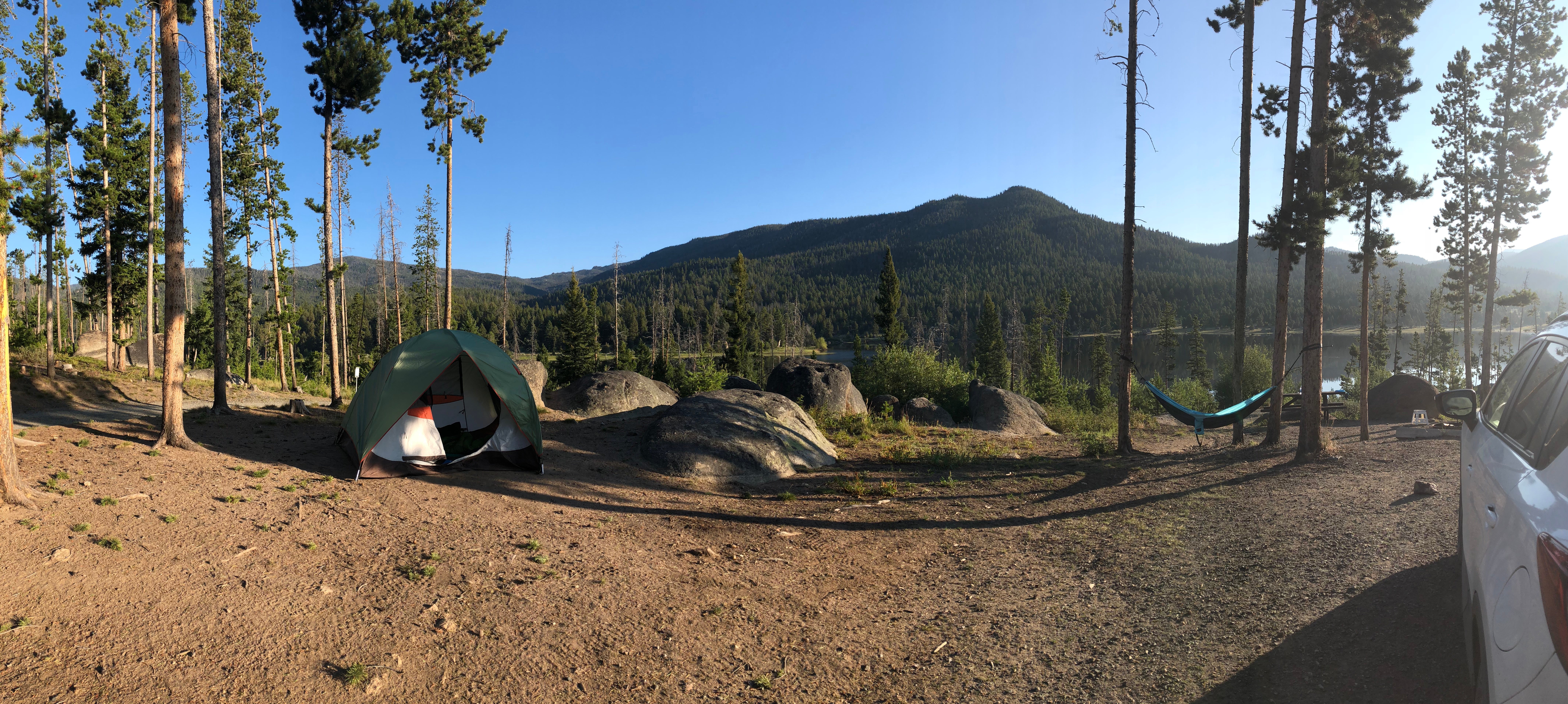 Large site with flat place for a tent, many trees for hammocks, and large picnic table next to fire ring