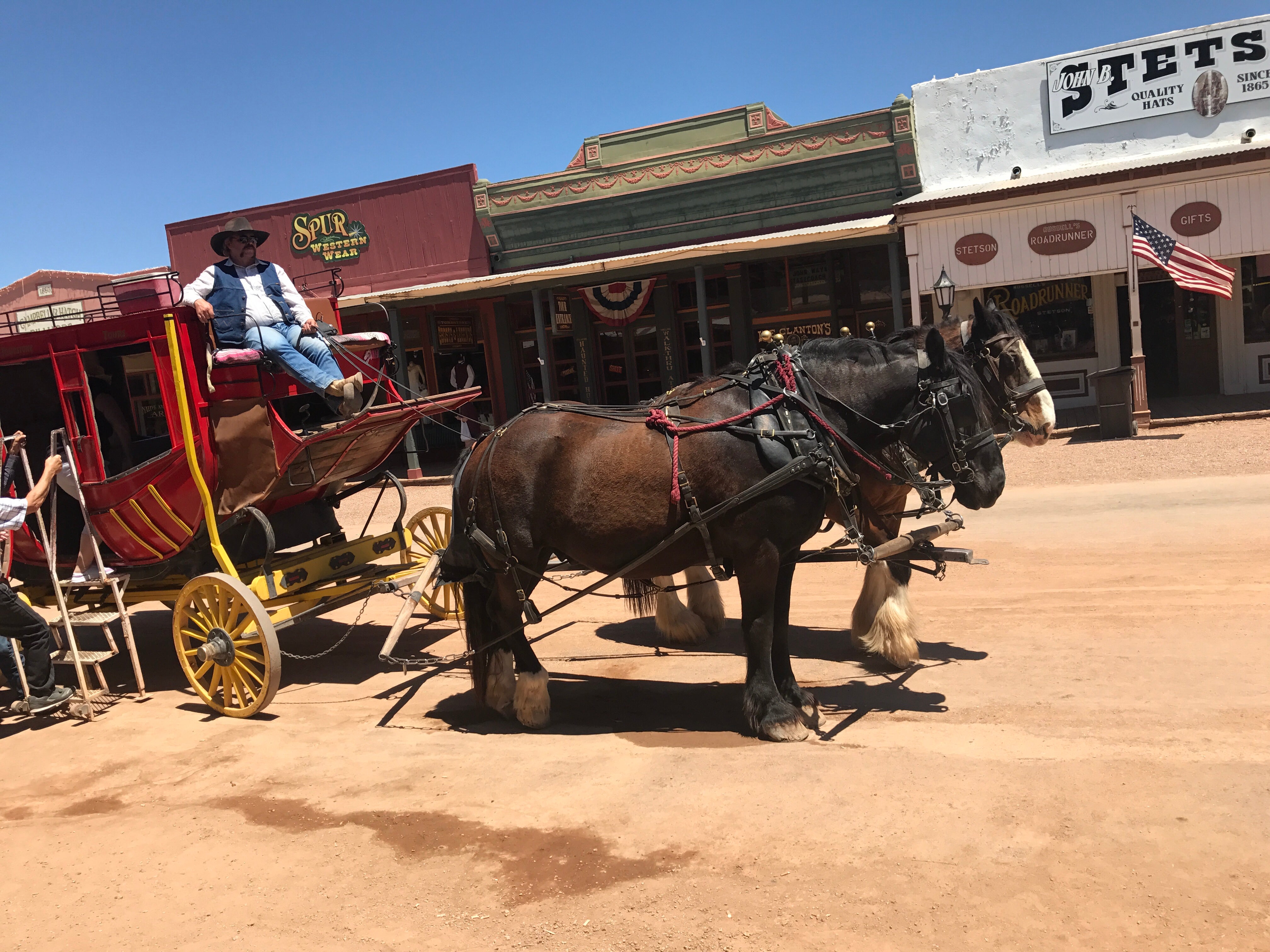 Through many of the downtown streets along the boardwalk areas you cannot drive and instead you will only see the stagecoaches and horses which will take you back.   Our shuttle dropped us off just around the corner from the stagecoach pick up area.  