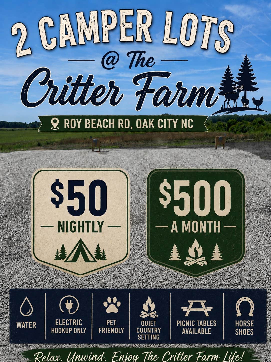 Camping near Cashie River Campground and Treehouse Village: Critter Farm, Windsor, North Carolina