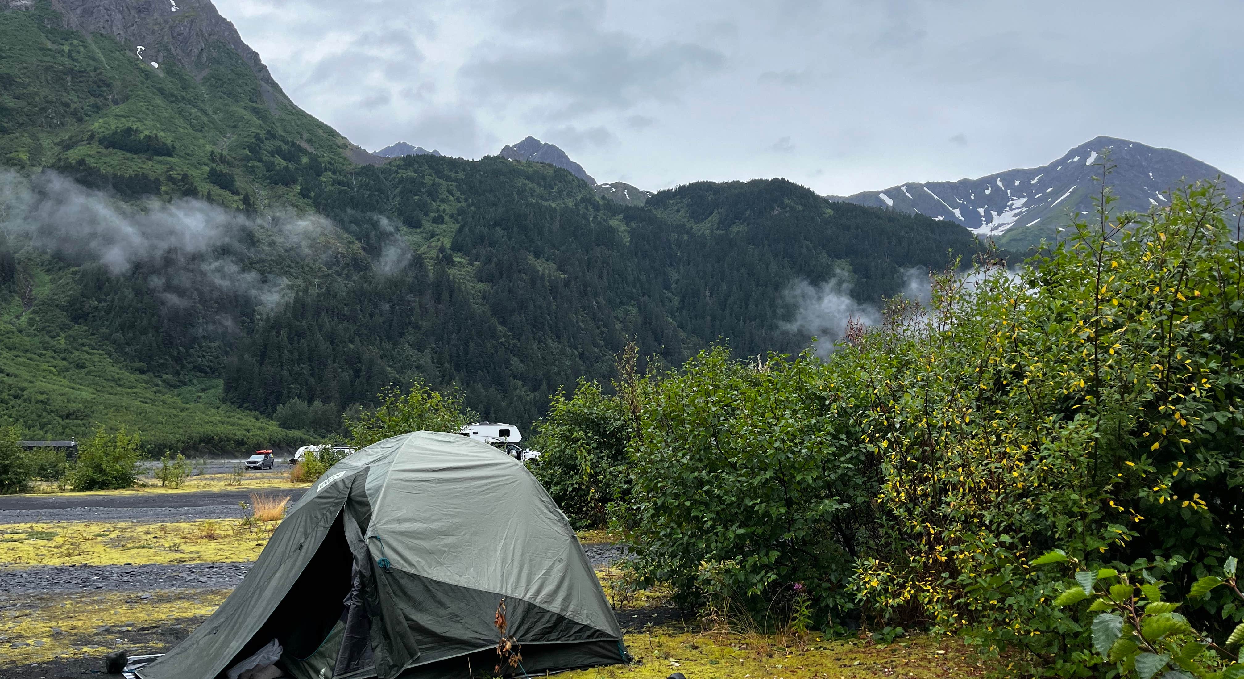 Tent Camping with Mountain Background Near Exit Glacier Road Designated Special Use Area